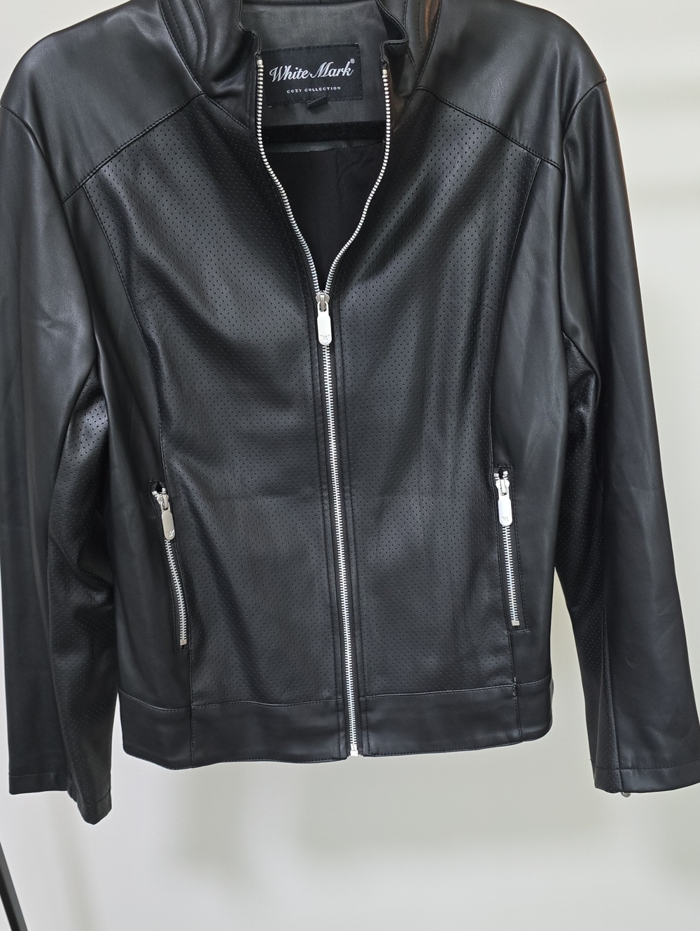 White Mark Black Perforated Faux Leather Moto Jacket